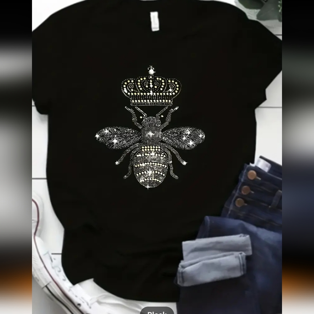 *SOLD* QUEEN BEE Crystal Beaded Black Fitted Tee Crown Bee Sz XXL (14) - Picture 1 of 8